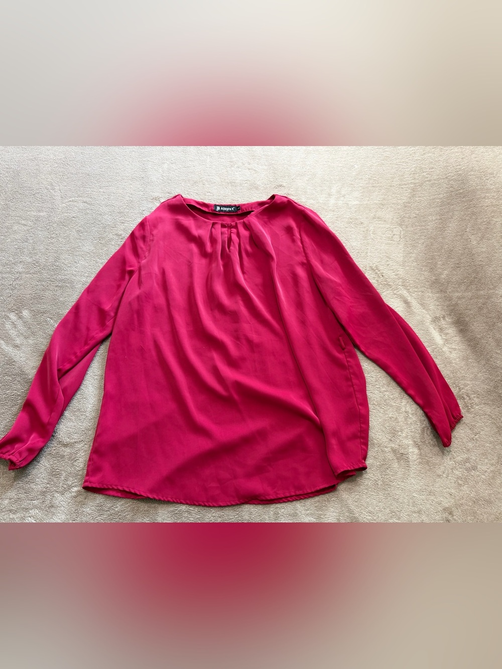 Red Long-Sleeve Pleated Neck Blouse